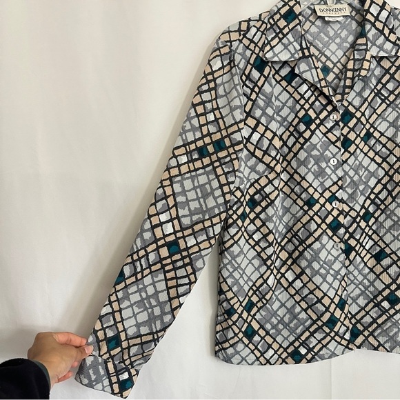 Vintage 90s DonnKenny Women's Diamond Abstract Print Shirt in Grey sz M - Picture 5 of 10